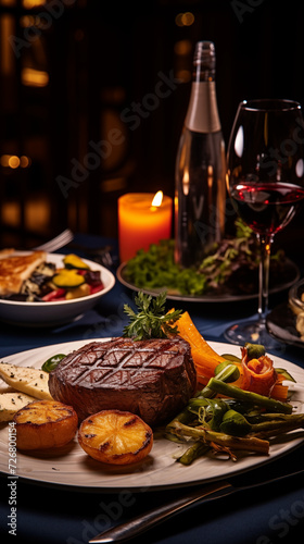 A Portrait of a juicy Tenderloin Steak next to sides, WIne on the Table. Cozy and warm atmosphere