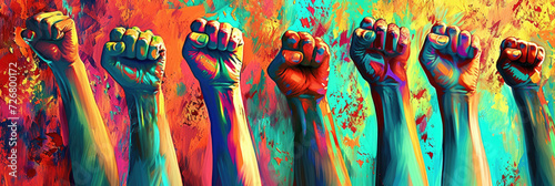 people raising fists in rainbow colors, Fist protest hand activist people social fight crowd civil photo
