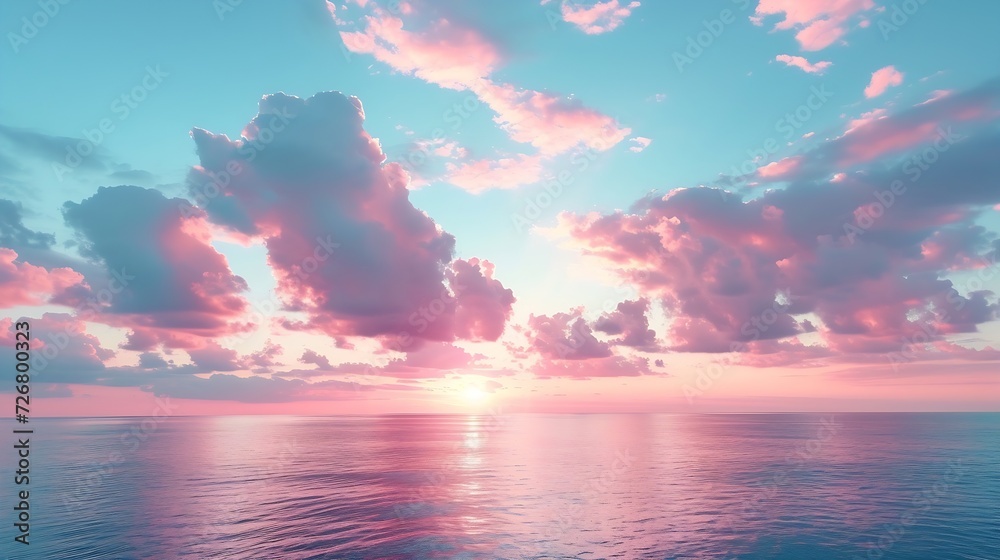 Cirrus clouds tinted pink by the sun at sunset over a calm blue ocean : Generative AI