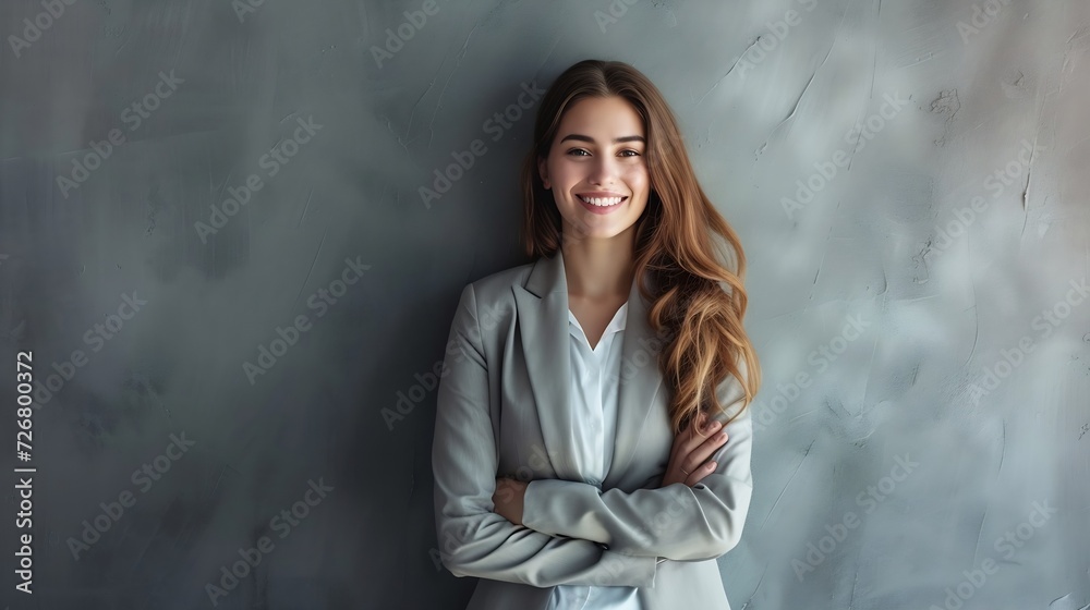 Image of happy young business woman posing isolated over grey wall background. : Generative AI Image of happy young business woman posing isolated over grey wall background. : Generative AI