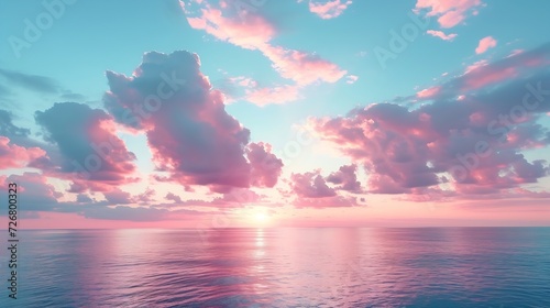 Cirrus clouds tinted pink by the sun at sunset over a calm blue ocean : Generative AI
