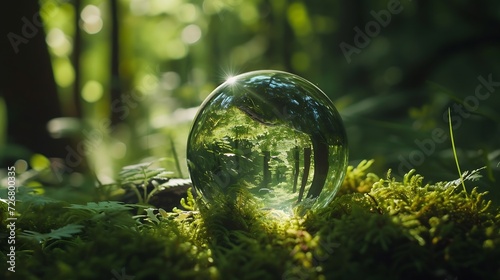Environment Concept - Globe Glass In Green Forest With Sunlight : Generative AI © Generative AI