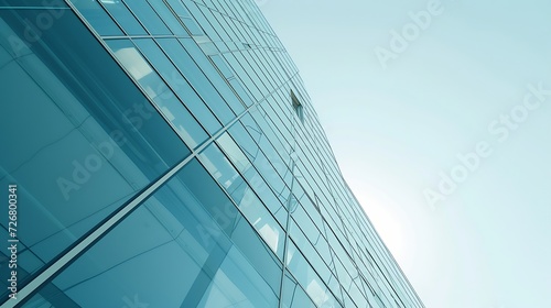 Modern office building with glass facade on a clear sky background. Transparent glass wall of office building. : Generative AI