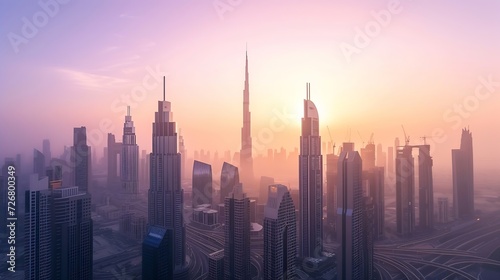 Dubai - amazing city center skyline with luxury skyscrapers at sunrise, United Arab Emirates : Generative AI