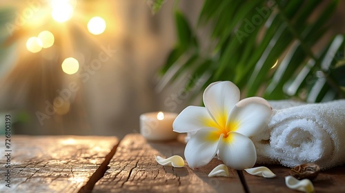 Beautiful spa composition with plumeria flower on wooden table. Space for text   Generative AI