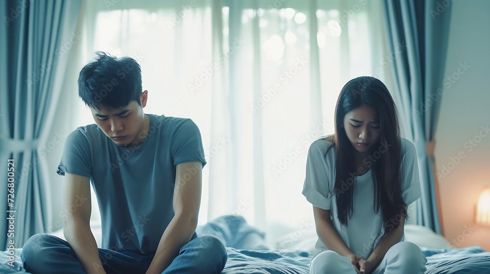 © Generative AI - marriage problem relationship difficulties concept - asian young couple sitting separately on bed are sad after having argument and angry conflict : Generative AI