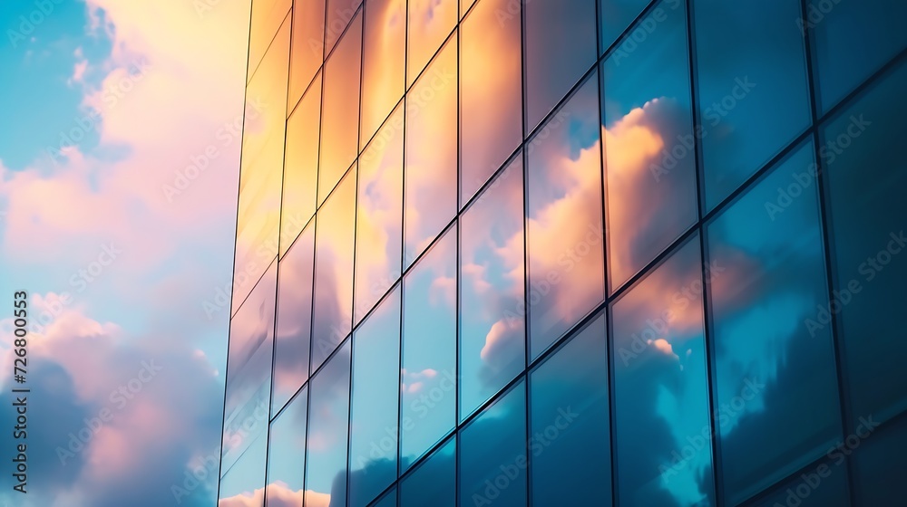Clouds at sunset reflected in the facade of a modern building : Generative AI - obrazy, fototapety, plakaty 