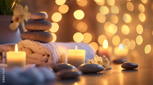 Spa resort therapy composition. Burning candles  stones  towel  abstract lights   Generative AI