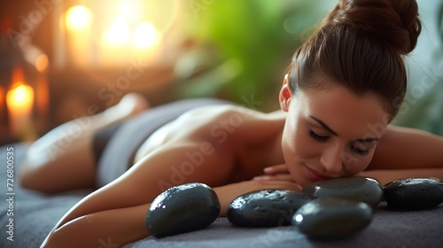 Woman enjoying exotic hot stones spa massage. Relaxed young woman lying on a spa bed while the masseuse is putting hot stones on her back. Spa treatment concept : Generative AI