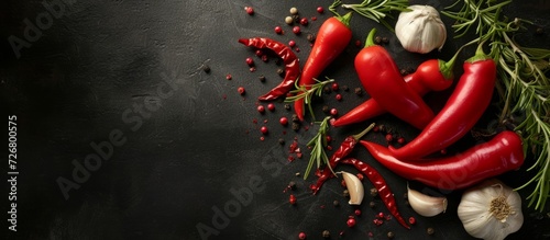 Red peppers, garlic, and rosemary on a black background with empty space. photo