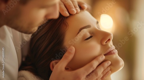 Young couple receiving head massage at beauty spa : Generative AI