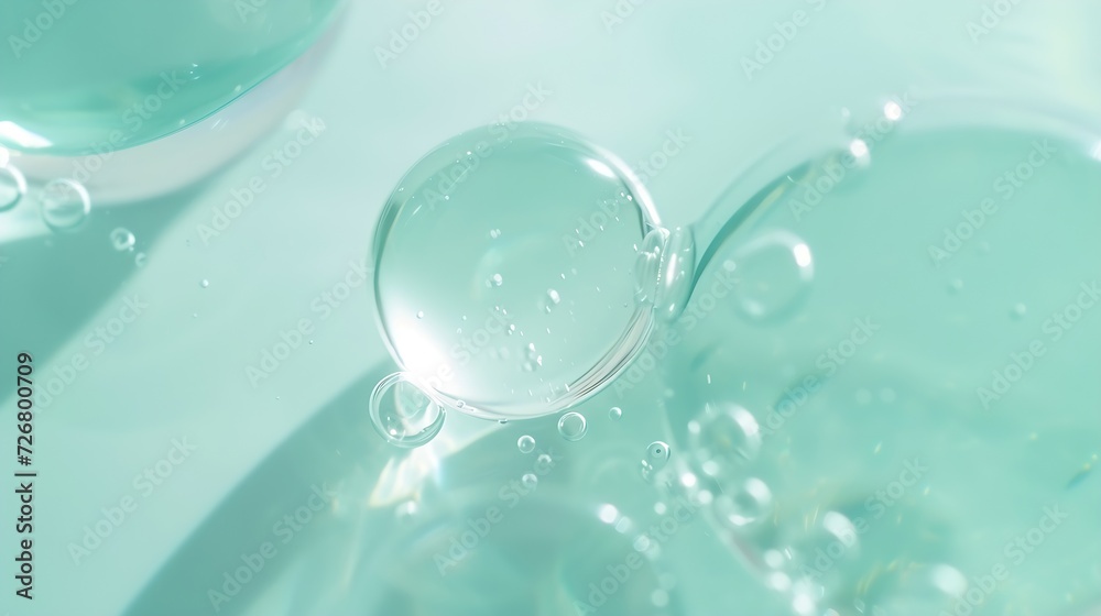 Cosmetic moisturizing liquid drops on green blue pastel background. Toner or lotion. Hyaluronic serum : Generative AI