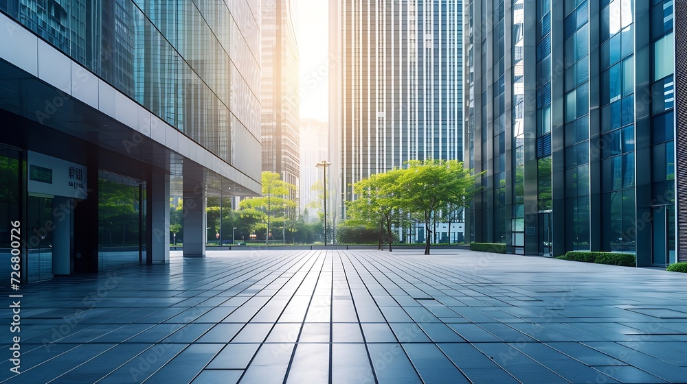 empty ground floor in front of modern office buildings in city downtown district. : Generative AI empty ground floor in front of modern office buildings in city downtown district. : Generative AI