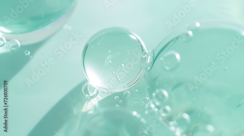 Cosmetic moisturizing liquid drops on green blue pastel background. Toner or lotion. Hyaluronic serum : Generative AI