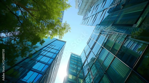 Low angle shot of modern glass buildings and green with clear sky background. : Generative AI