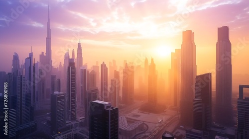 Dubai - amazing city center skyline with luxury skyscrapers at sunrise, United Arab Emirates : Generative AI