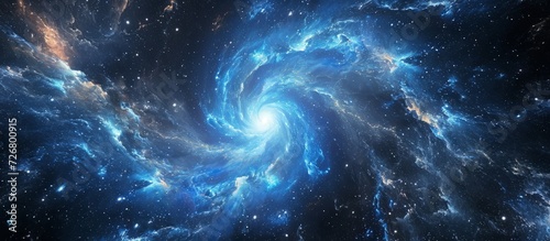 Blue force field with galaxies and stars illustrating interstellar travel through a wormhole for space-time continuum background.