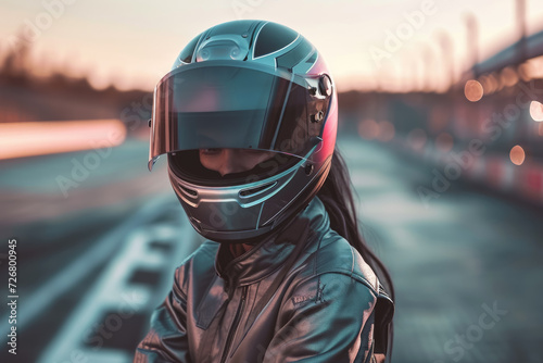 model wearing a helmet and a jacket in a race track with a car