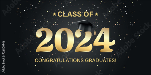 Vector illustration. Class of 2024 badge design template in black and gold colors. Congratulations graduates 2024 banner sticker card with academic hat for high school or college graduation