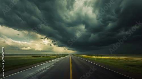 Storm clouds gather over a road that leads into the distance, creating a very dramatic landscape North Dakota, United States of America : Generative AI