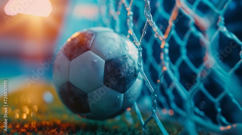 Soccer ball in goal on blue background   Generative AI