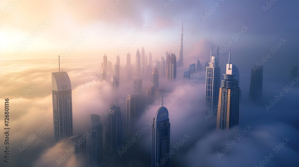 Mega tall skyscrapers of Dubai covered in early morning think fog. Rare aerial perspective. : Generative AI