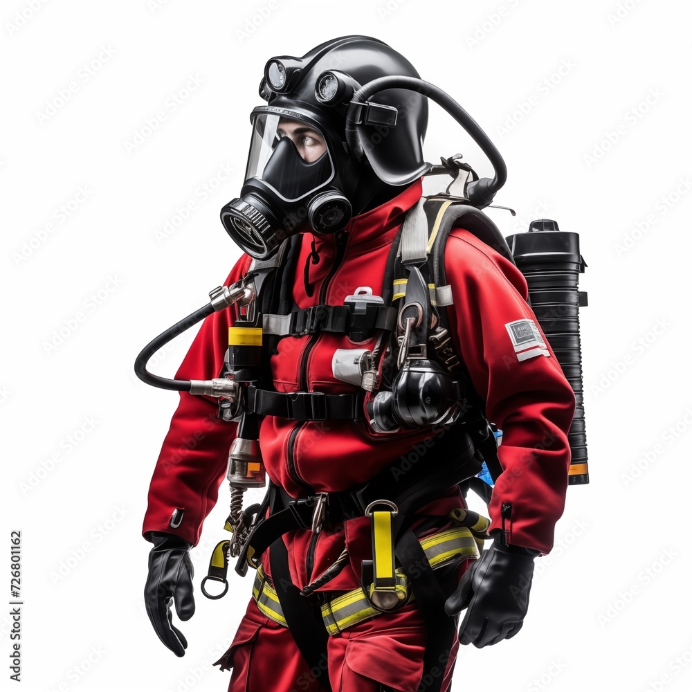 firefighters in fire suits with helmets and oxygen bottles illustration. fireman with breathing apparatus isolated white background