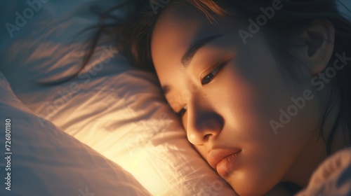Close-up alarm Young Asian woman have insomnia on the bed : Generative AI photo