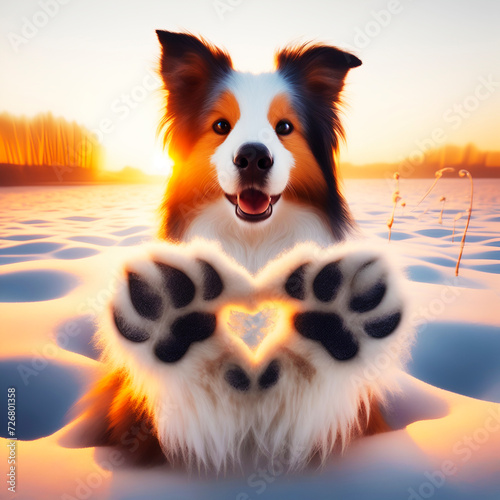 A cute collie dog is showing a hand heart, background is sunrise and snow field, lovely doggy photo