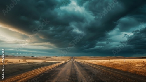 Storm clouds gather over a road that leads into the distance, creating a very dramatic landscape North Dakota, United States of America : Generative AI © Generative AI