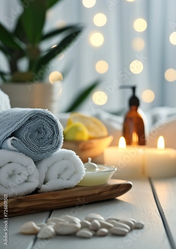 Aromatherapy, atmosphere of relax, serenity and pleasure. Concept of spa treatment in salon. Natural organic essential oil, towel, burning candles. Anti-stress, detox procedure, wellne : Generative AI