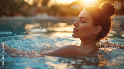 Beauty and body care. Sensual young woman relaxing in outdoor spa swimming pool. : Generative AI