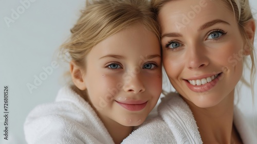Happy caucasian mother with daughter wearing hydrogel patches smiling looking at camera on white background. Blondes wear robes to take care of their skin. Cosmetic natural trend. : Generative AI photo