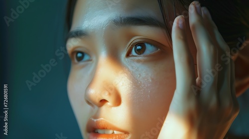 Dermatology, expression face worry, stressed asian young woman hand touching facial at dark spot of melasma, freckles from pigment melanin, allergy sun. Beauty care, skin problem treat : Generative AI photo