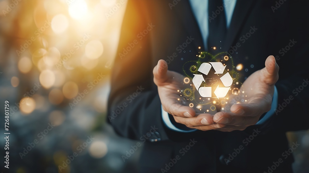 businessman holding circular economy icon Circular economy concept for future business growth and environmental sustainability and reduce pollution for future business and environmenta : Generative AI - obrazy, fototapety, plakaty 