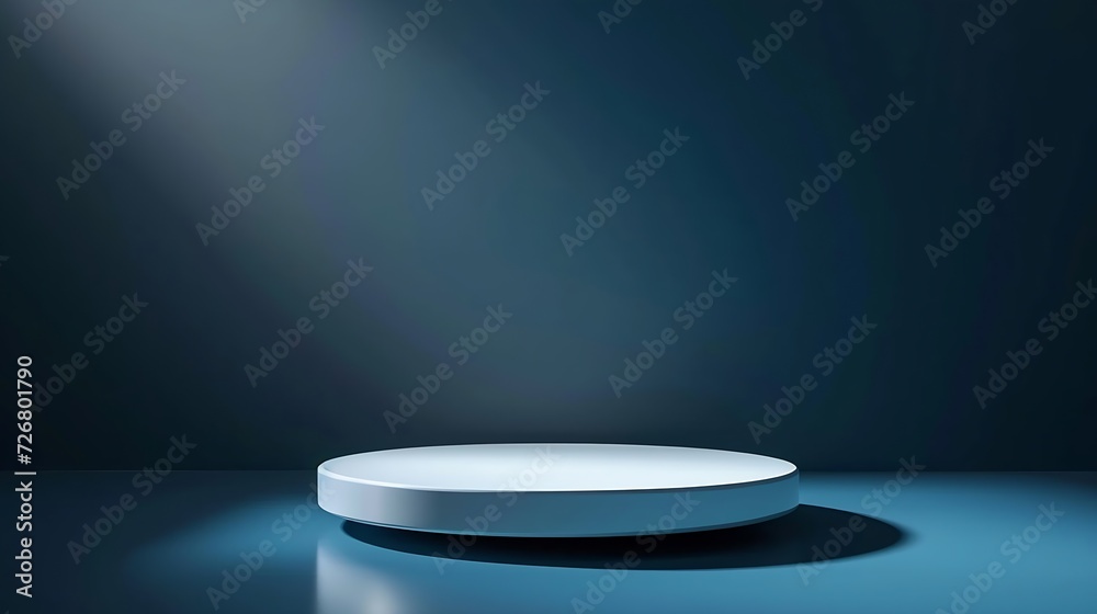 Empty white round podium and deep shadows on dark blue background. Showcase for product presentation. Pedestal for beauty cosmetic advertising. Minimal still life. Front view. : Generative AI Empty white round podium and deep shadows on dark blue background. Showcase for product presentation. Pedestal for beauty cosmetic advertising. Minimal still life. Front view. : Generative AI