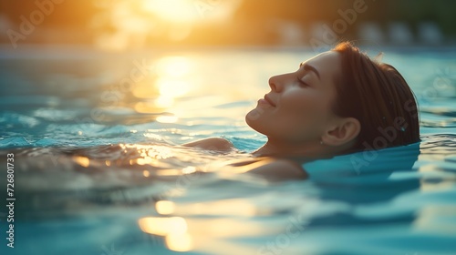 Woman relaxing in swimming pool in spa resort : Generative AI