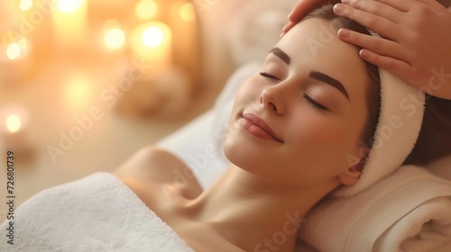 Beautiful young woman enjoying massage in spa salon. Relaxed brunette girl lying on massage bed with closed eyes during spa treatment procedure. Beauty treatment  skin care  wellbeing   Generative AI