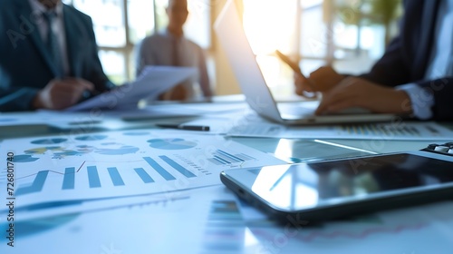business documents on office table with smart phone and laptop computer and graph financial with social network diagram and three colleagues discussing data in the background : Generative AI photo