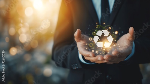 businessman holding circular economy icon Circular economy concept for future business growth and environmental sustainability and reduce pollution for future business and environmenta : Generative AI photo