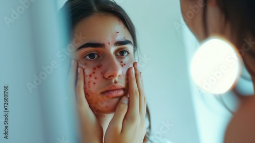 Close up unhappy sad woman looking at red acne spots on chin in mirror, upset young female dissatisfied by unhealthy skin, touching, checking dry irritated face skin, skincare and trea : Generative AI photo