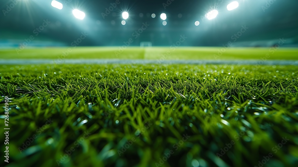 universal grass stadium illuminated by spotlights and empty green playground : Generative AI