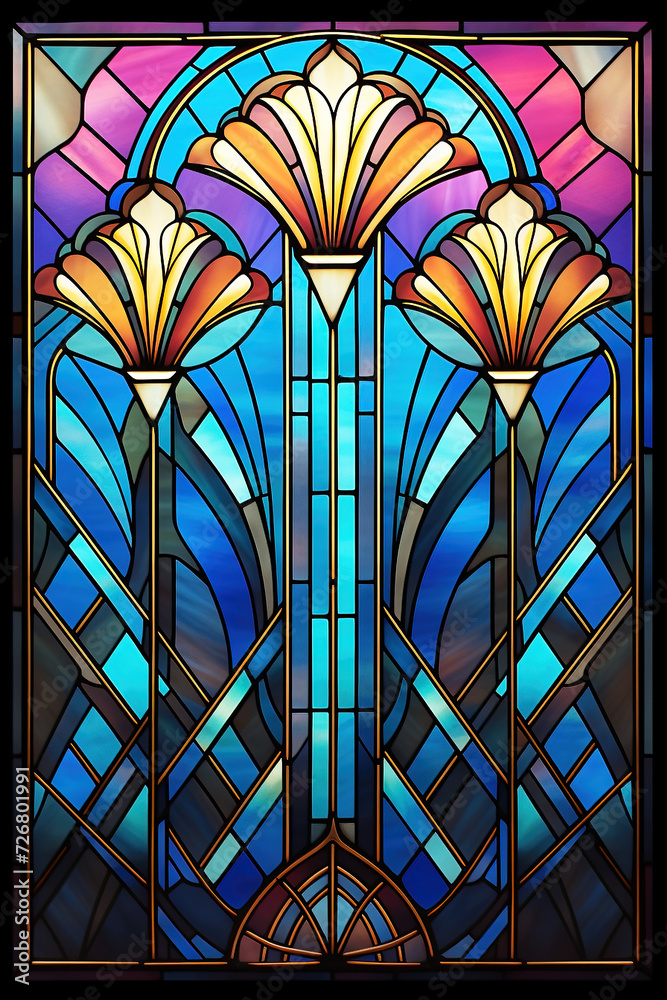 Geometric Art Deco style stained glass window in many shades of blue. Geometric Art Deco style stained glass window in many shades of blue.