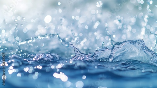 De-focused blurred transparent blue colored clear calm water surface texture with splashes and bubbles. Trendy abstract nature background. Water waves in sunlight with copy space. : Generative AI