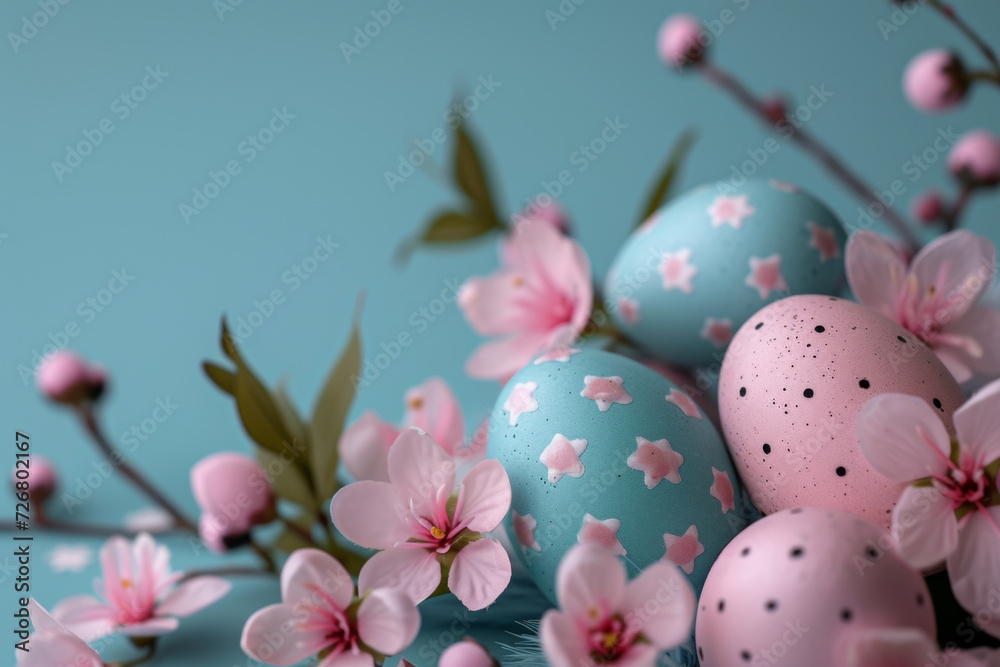 Colorful Easter eggs in bright soft pastel colors. Happy Easter and spring holidays concept. Copy space.