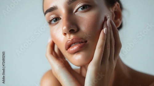 beauty portrait of sad woman touching her skin on white background   Generative AI