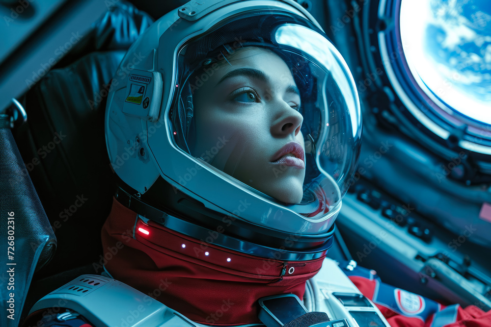 model wearing a helmet and a suit in a space station with a earth model wearing a helmet and a suit in a space station with a earth