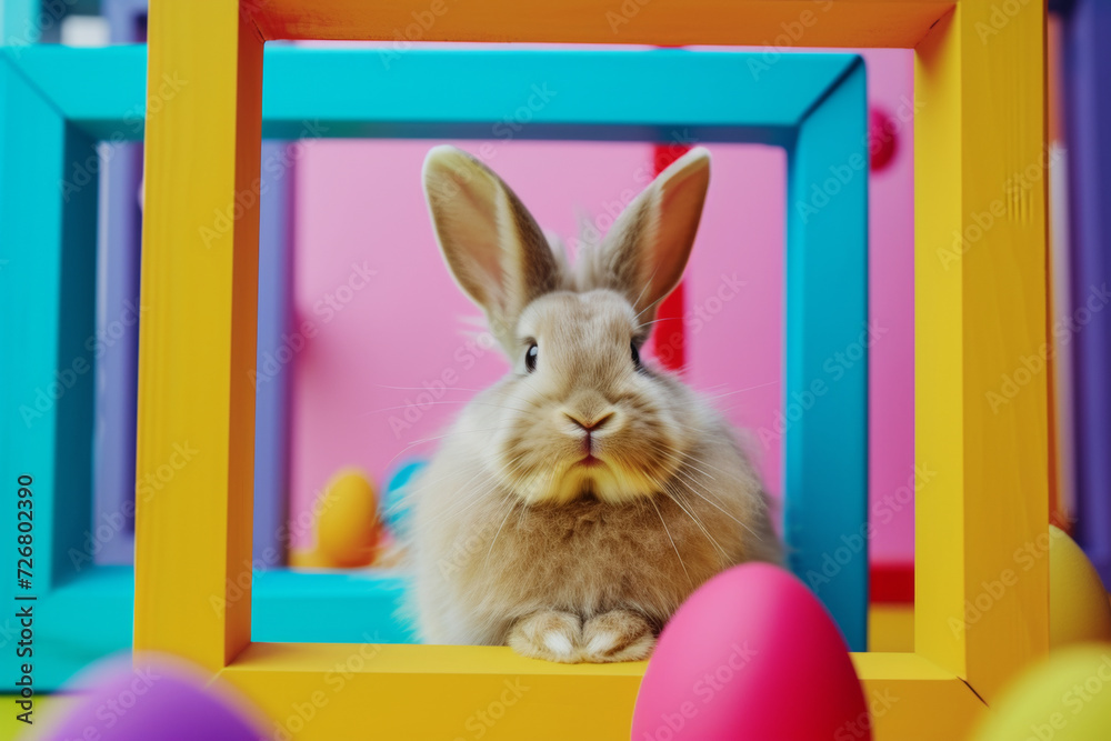 Cute Easter Bunny in a picture frame. An aesthetic greeting card for the Easter holidays.