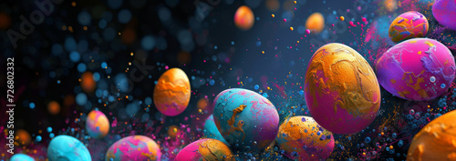 Colorful Easter eggs in a splash of bright bold paint on black background. Happy Easter and spring holidays concept. Copy space. © lagano