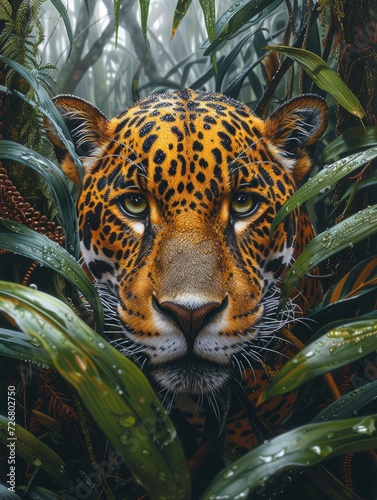 jungle shot  acrylic painting  jaguar facing camera  full body pose  focus on jaguar - generative ai